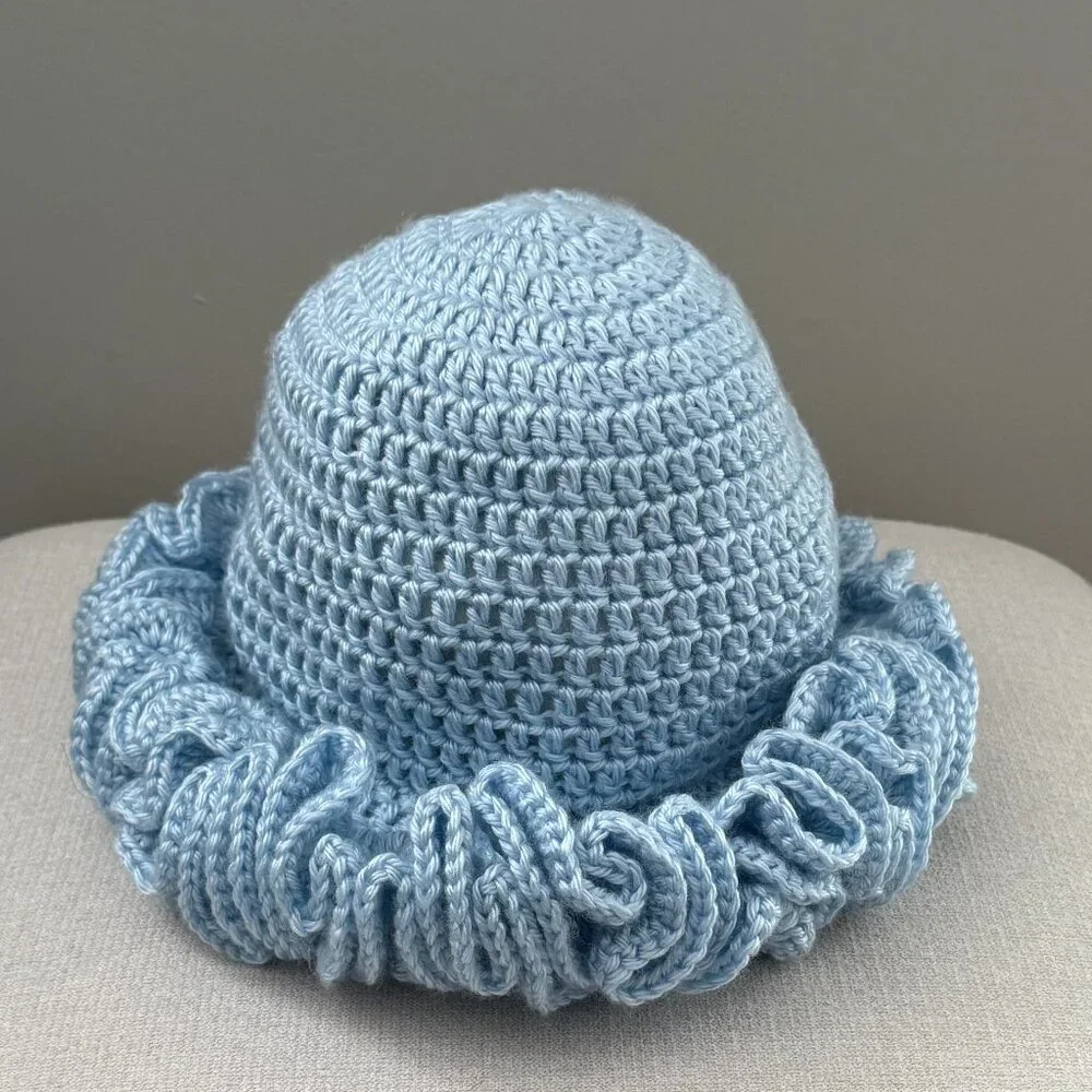 Crochet Ruffle Edge Hat Toque Light Blue - Picture 2 of 6
